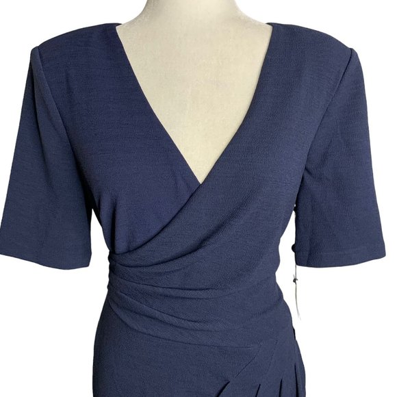 Adrianna Papell Rio Knit Sheath Dress 10 Blue V Neck Draped Lined Short Sleeve - Picture 2 of 7